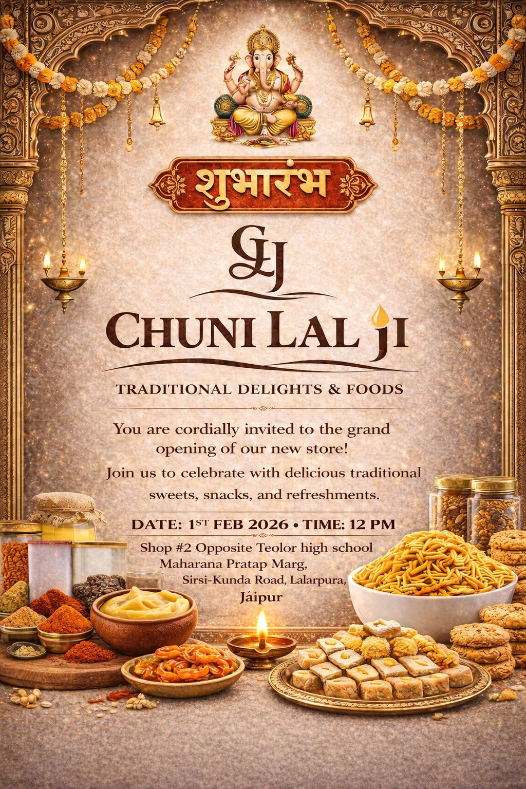 Chuni Lal Ji Traditional Delights & Foods – Grand Opening Invitation. 1st Feb 2026, 12 PM. Shop #2 Opposite Teolor high school, Maharana Pratap Marg, Sirsi-Kunda Road, Lalarpura, Jaipur.